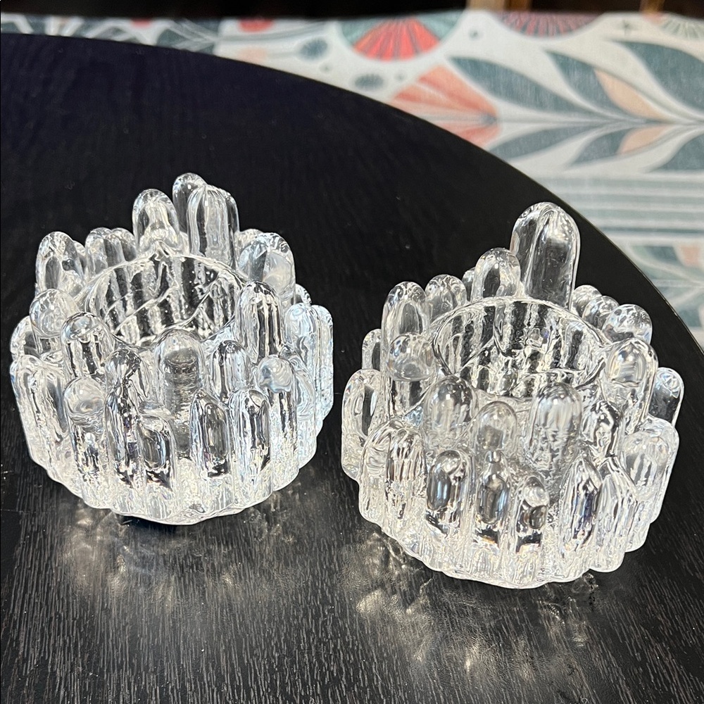 Pair of Kosta Boda Garan Warff Art Glass Polar Ice Crystal Votive Candle Holders